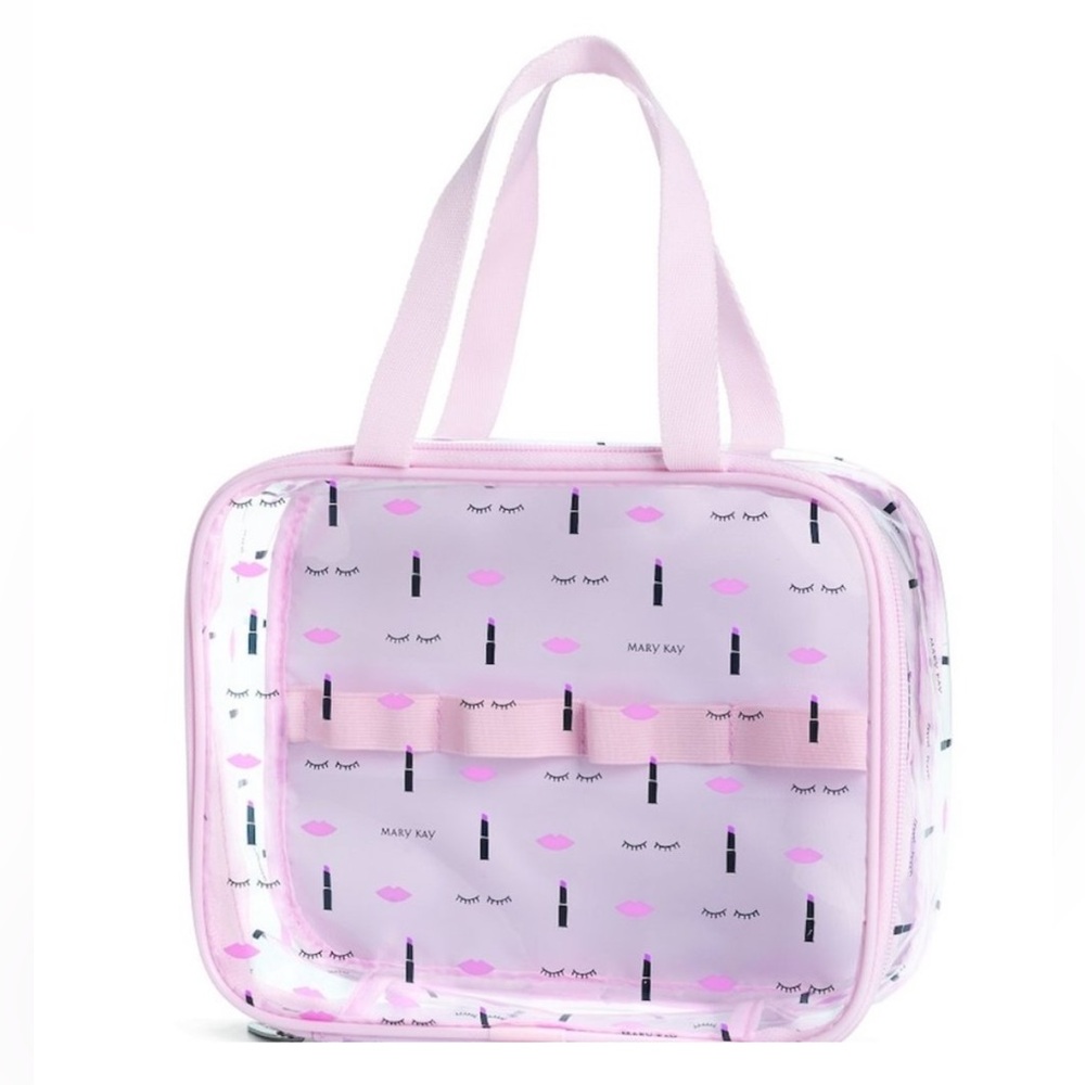 NWT Mary Kay Pink Clear Travel Cosmetic Case Carry Handles Zip Around